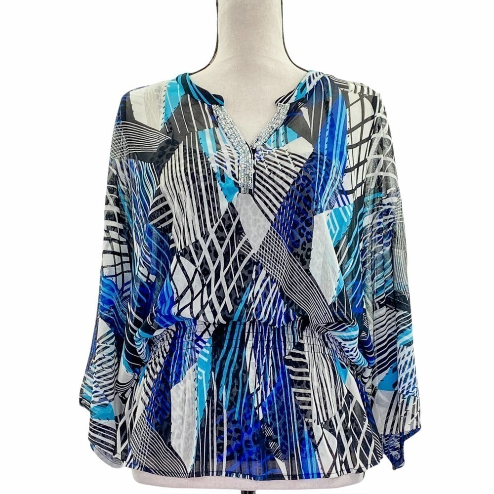 ALFANI Multi-Tone Blue Mixed Media Smocked Waist Poncho Kimono Blouse